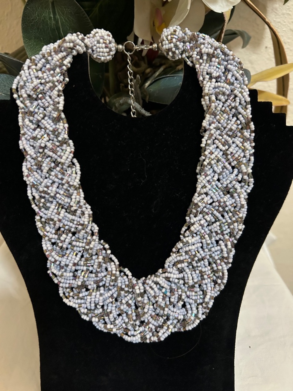 Beaded Braided Statement Necklace - Light Gray